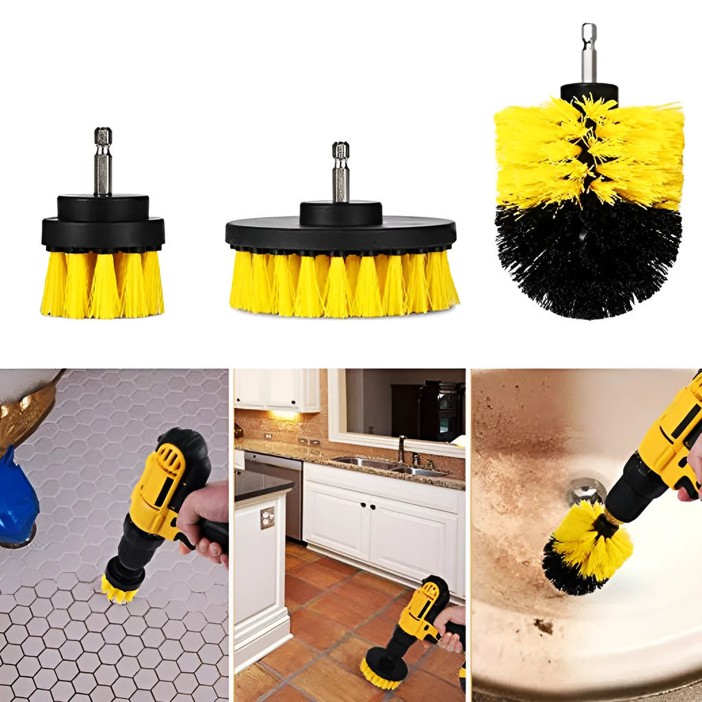 Three nylon drill brushes in different sizes for cleaning bathroom, tile and grout surfaces.