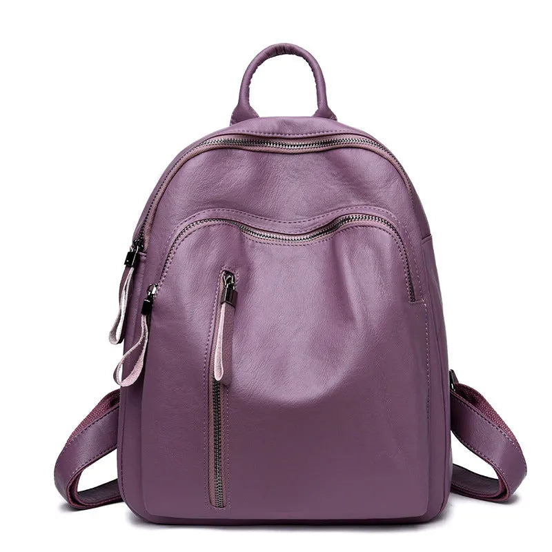 Ladies PU backpack in colour block design with zip pockets and document bag, vertical square shape, black blue or red.