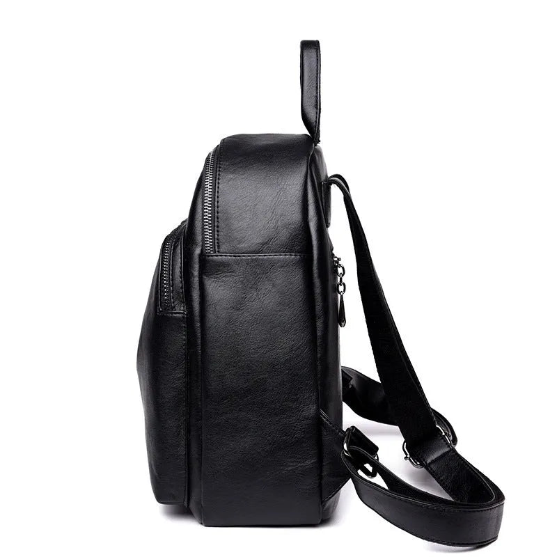 Ladies PU backpack in colour block design with zip pockets and document bag, vertical square shape, black blue or red.