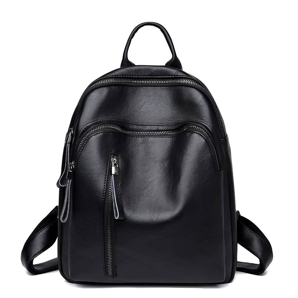 Ladies PU backpack in colour block design with zip pockets and document bag, vertical square shape, black blue or red.