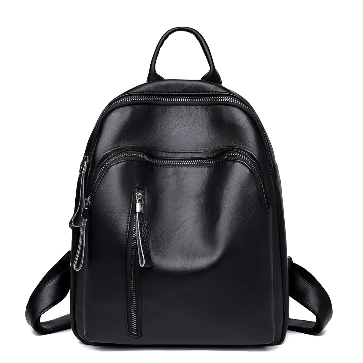 Ladies PU backpack in colour block design with zip pockets and document bag, vertical square shape, black blue or red.
