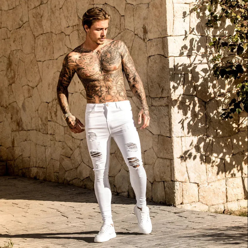 Men's high waist washed cotton denim pencil pants in black, skinny fit with zipper fly