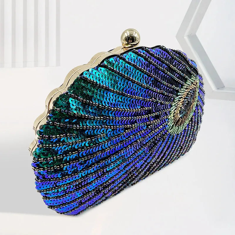 Women's vintage beaded one-shoulder crossbody chain handbag in blue, black, gold, silver or red with phone and ID pockets.