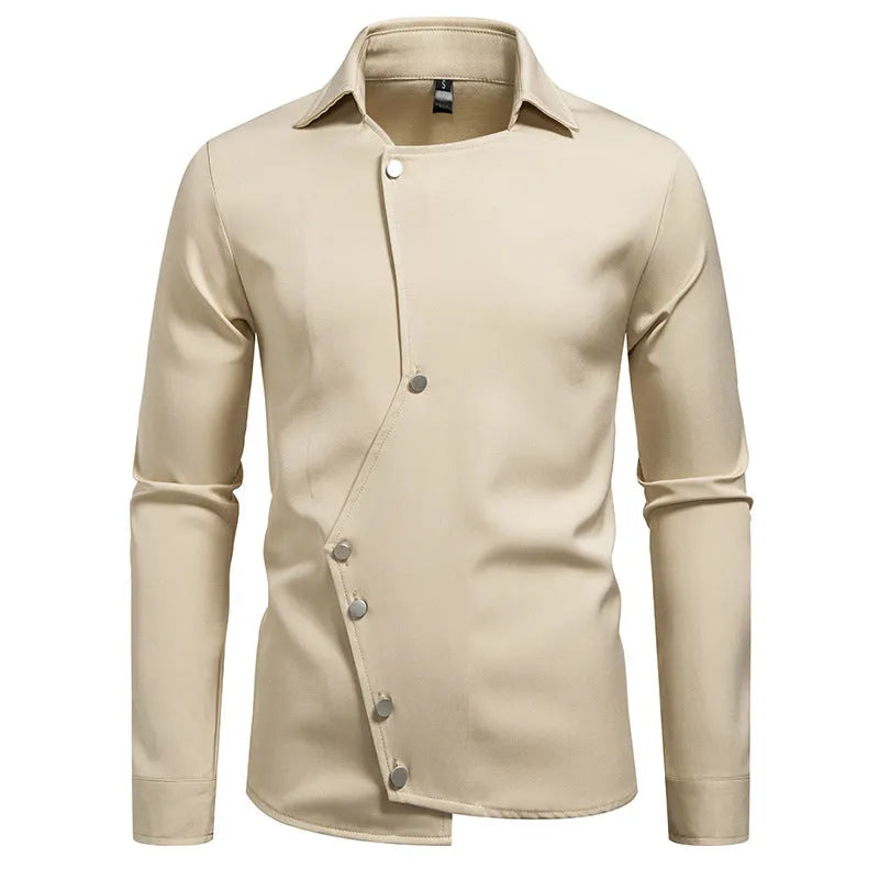 Men's long-sleeved polyester slim fit cardigan shirt in white, black, and khaki colours