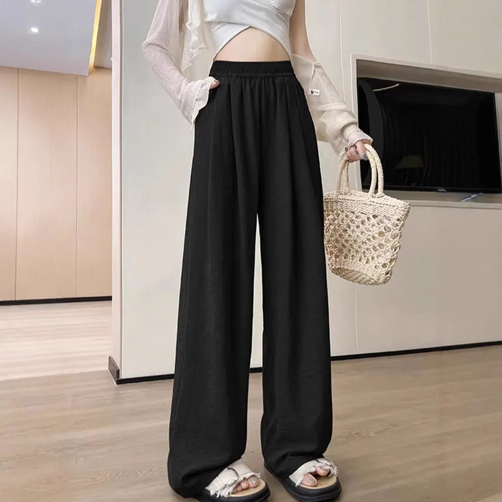 Casual tall sweatpants white wide leg high waist pleated trousers for women acetate fabric