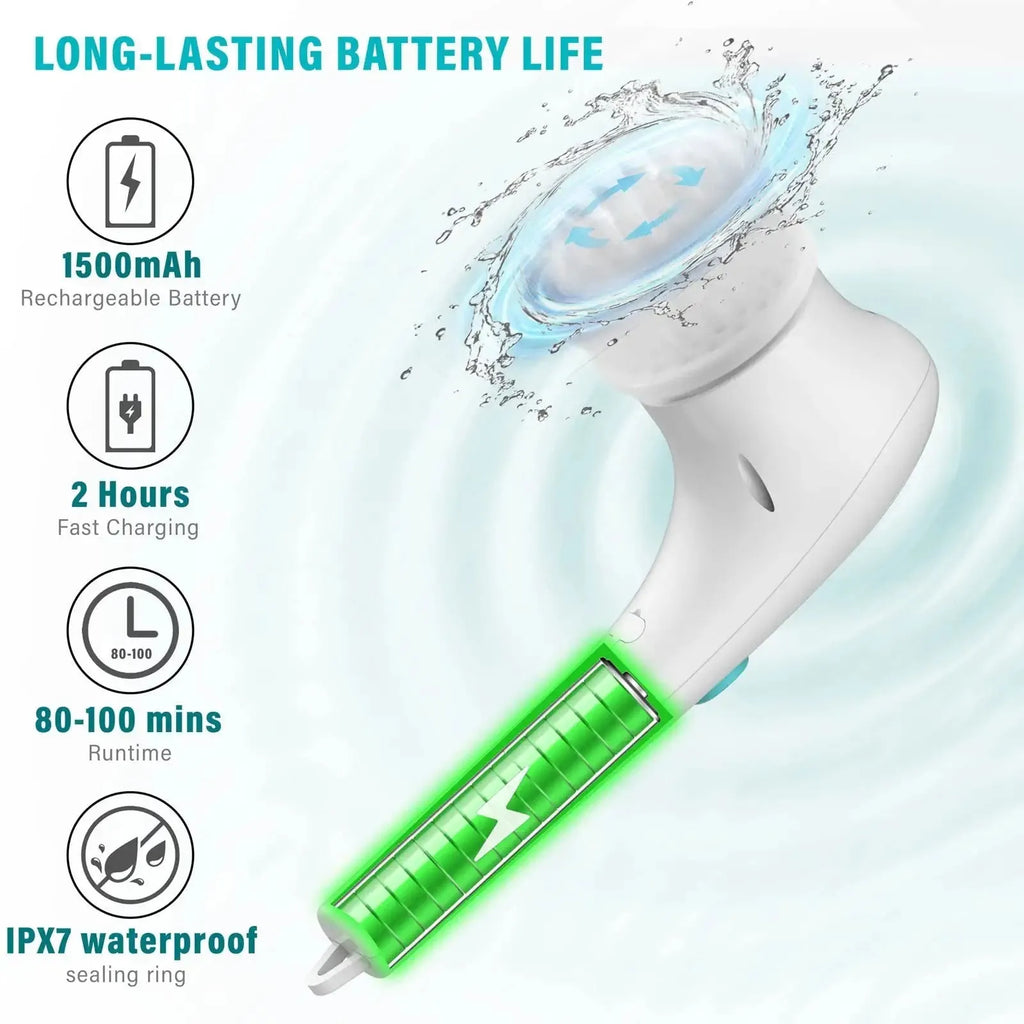 White cordless electric handheld scrubber with five interchangeable brush heads and USB charging cable