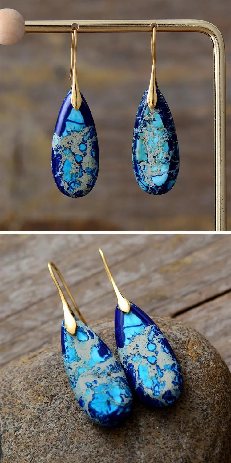 Bohemian emperor stone water drop earrings for women in red purple blue or orange with gold ear hook options