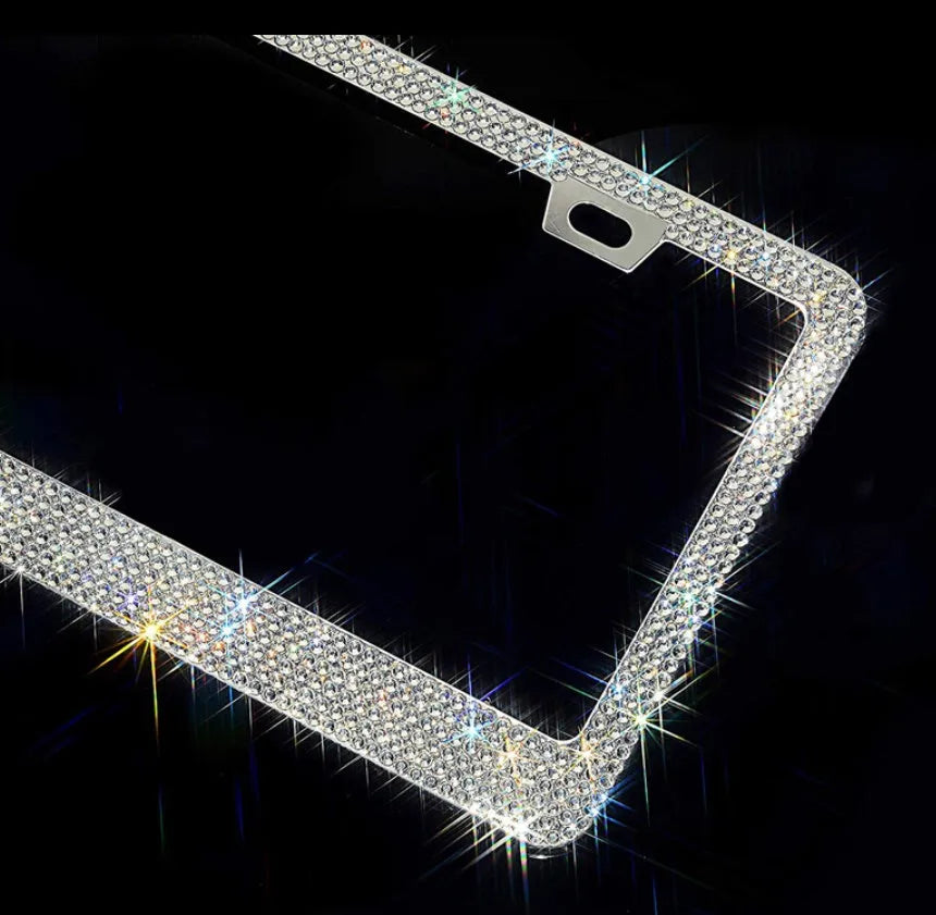 Bling Crystal stainless steel licence plate frame with diamond finish, 31x16cm, black or white, with anti-theft screw caps