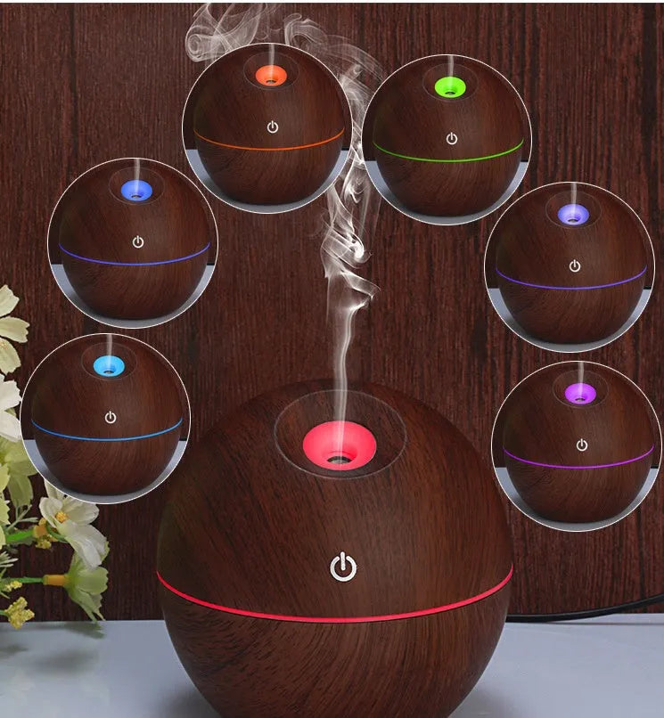 USB ultrasonic essential oil diffuser humidifier with 7 colour LED night light, light wood finish, 95x100mm