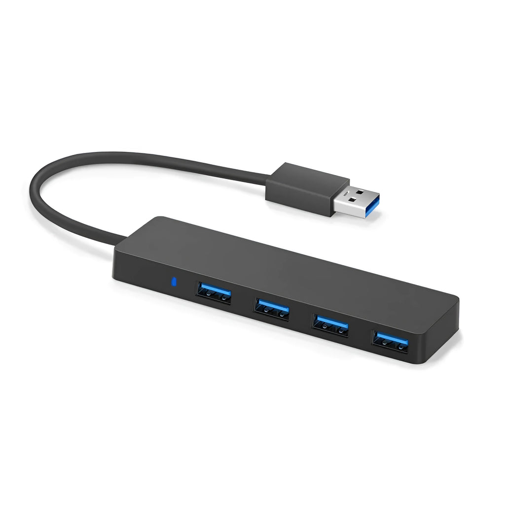 USB 3.0 hub with 4 ports, LED indicators, and 30cm connecting cable for laptop and desktop computers