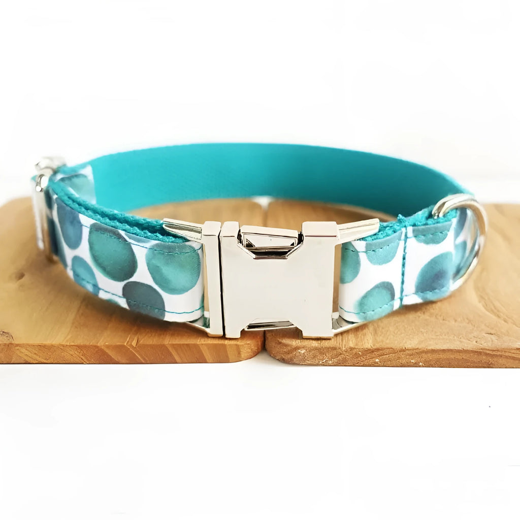 Blue bohemian patterned polyester dog collar on a solid background, size options XS to XL