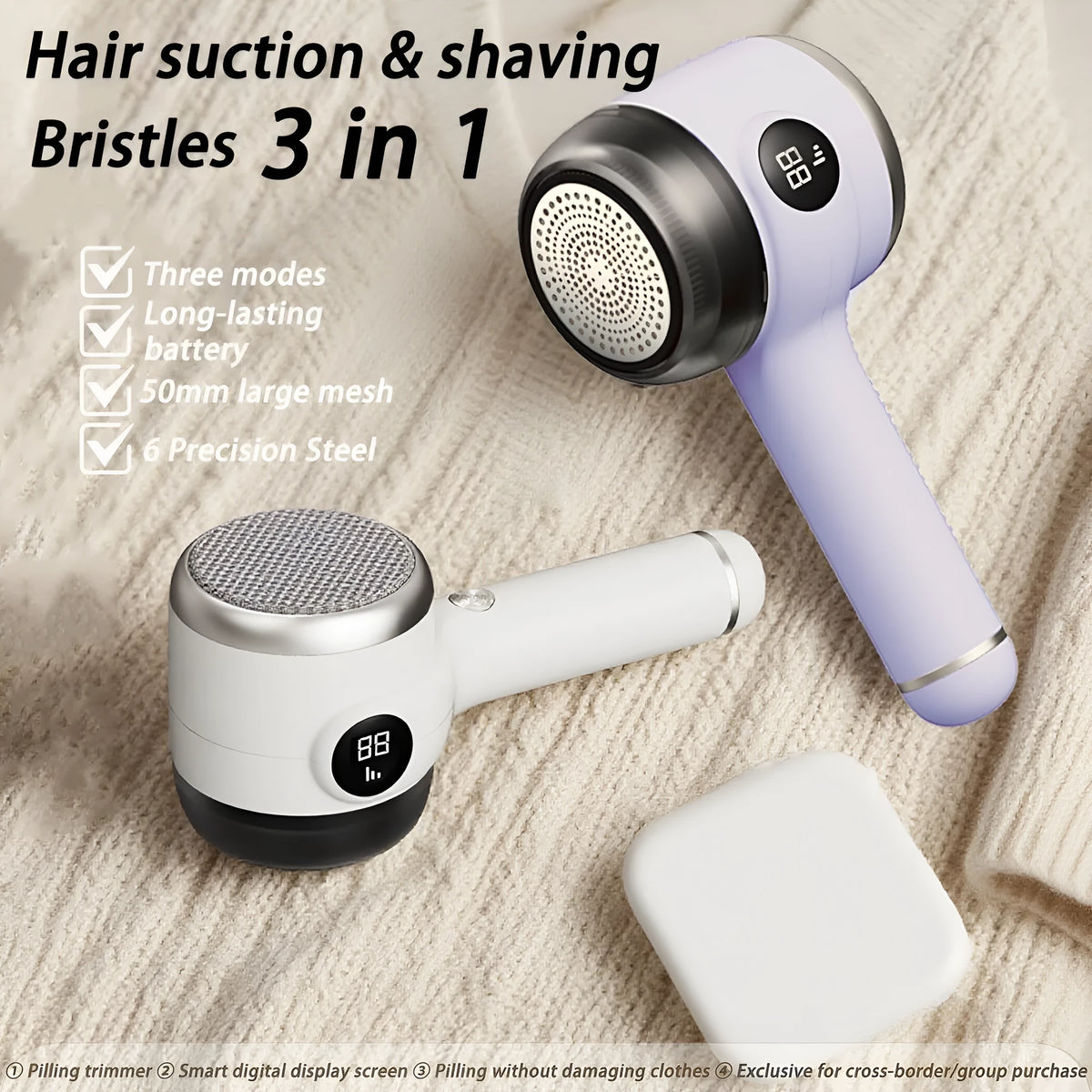 Rechargeable fur ball trimmer in white or purple with ABS body and charging cable for household fabric care