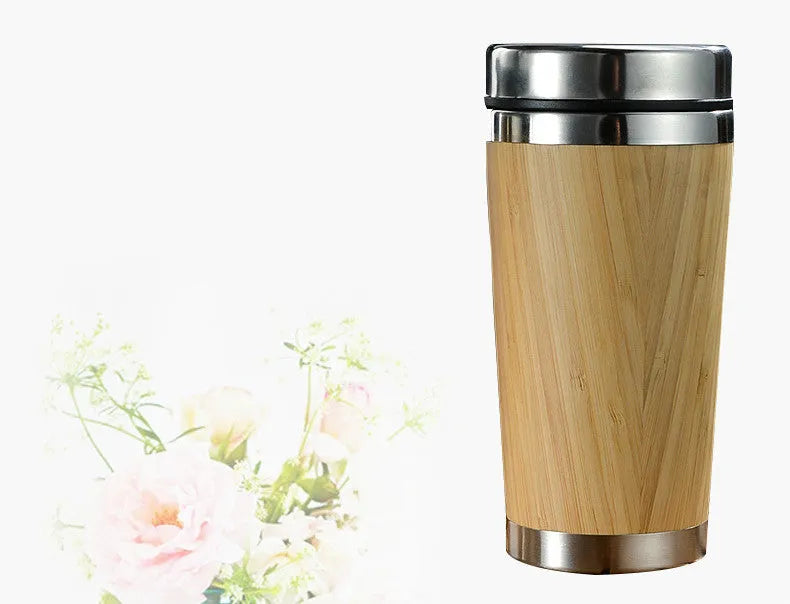 420ml bamboo coffee cup with stainless steel leak-proof lid and foam anti-slip pad