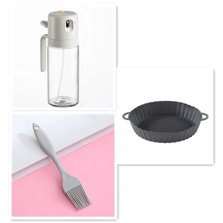 Warm grey 550ml glass oil sprayer bottle with switchable spray/pour cap on kitchen counter