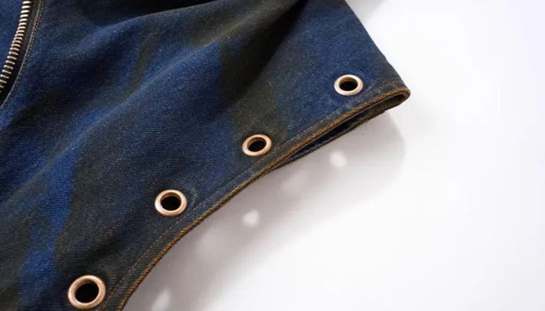 Blue hooded denim vest with front zipper and matching trousers, Korean style deconstructed design