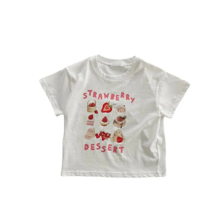 Children's cotton short sleeve top with cartoon strawberry food pattern in white or brown, sizes 80cm to 130cm