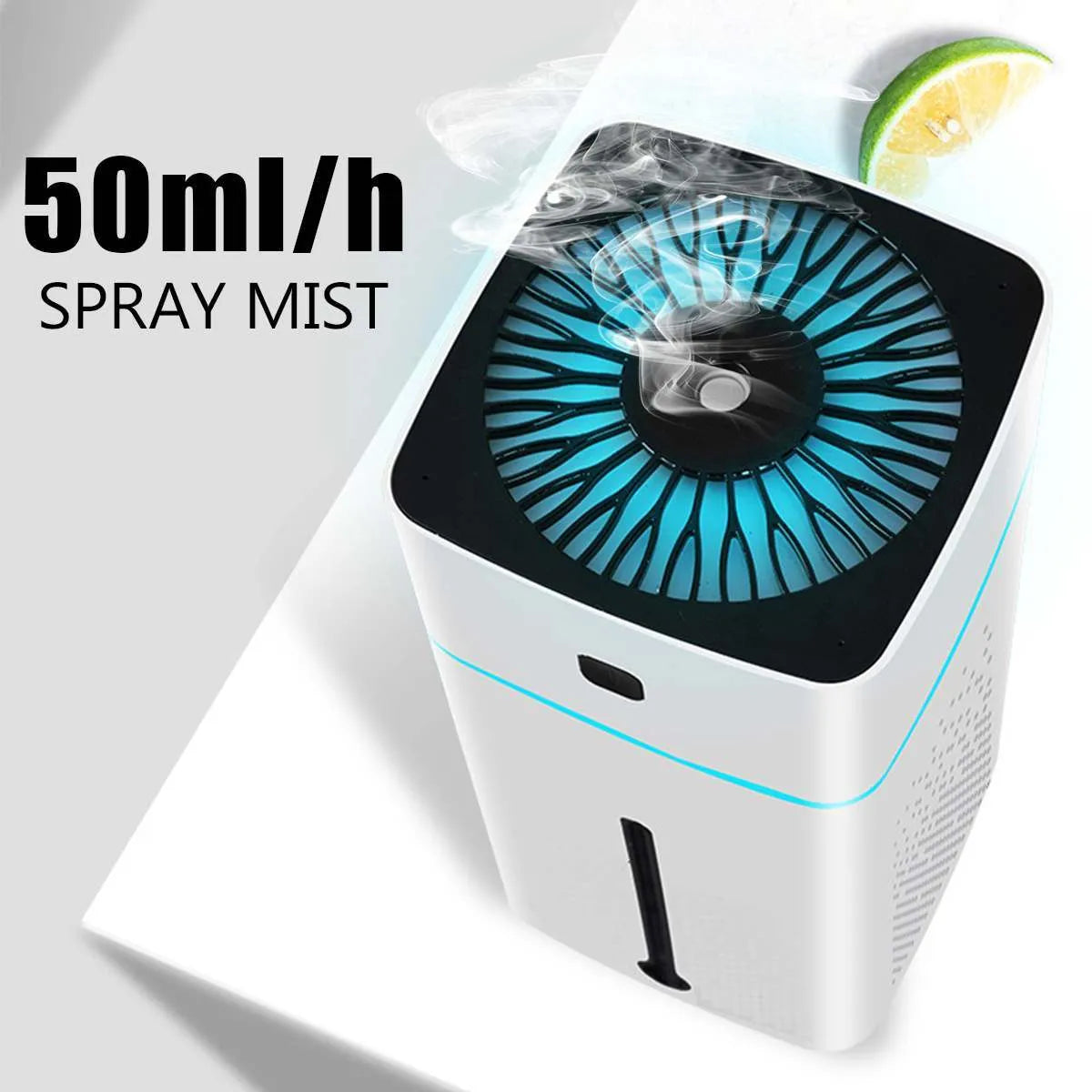 A compact black or white desktop humidifier with USB cable, standing 218mm tall on a wooden desk.