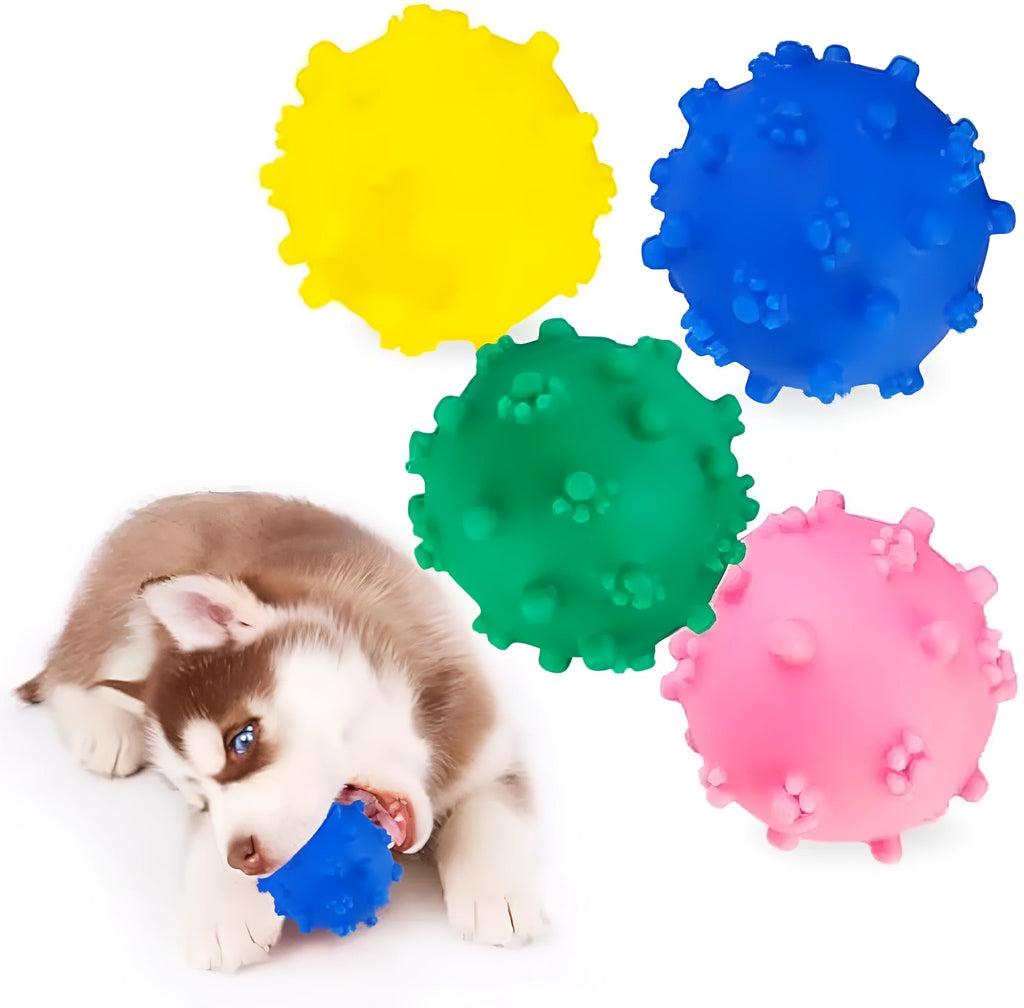 Set of four brightly coloured squeaky dog balls with a textured surface, shown next to a small dog.