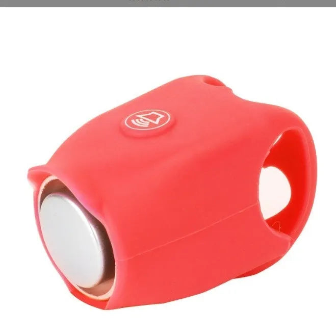 Electronic bicycle horn with plastic housing in six colour options showing compact dimensions for handlebar mounting