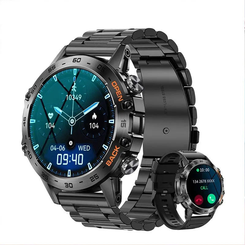 Bluetooth calling smart watch with IP68 waterproof case and colour options including black and silver straps
