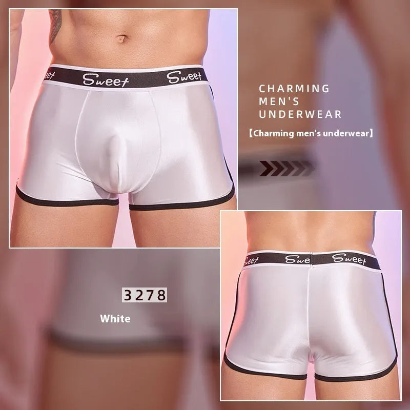Men's shiny silky nylon boxer shorts in black, white, and sapphire blue colours, free size.