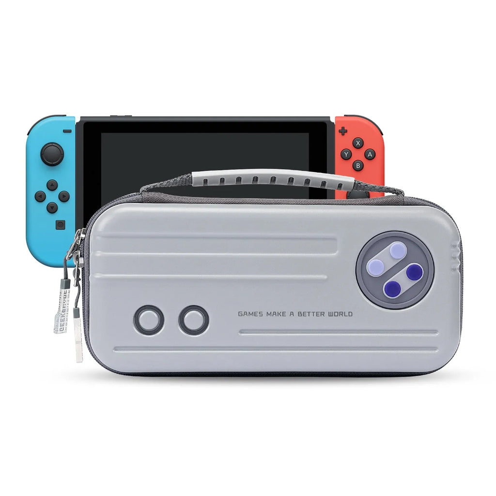 Nintendo Switch OLED portable storage handbag in black showing console and game cartridge organisation