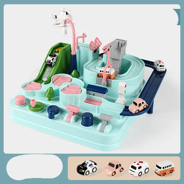 Plastic Big Adventure Parking Lot rail and trolley track set for toy cars in multiple colour options.