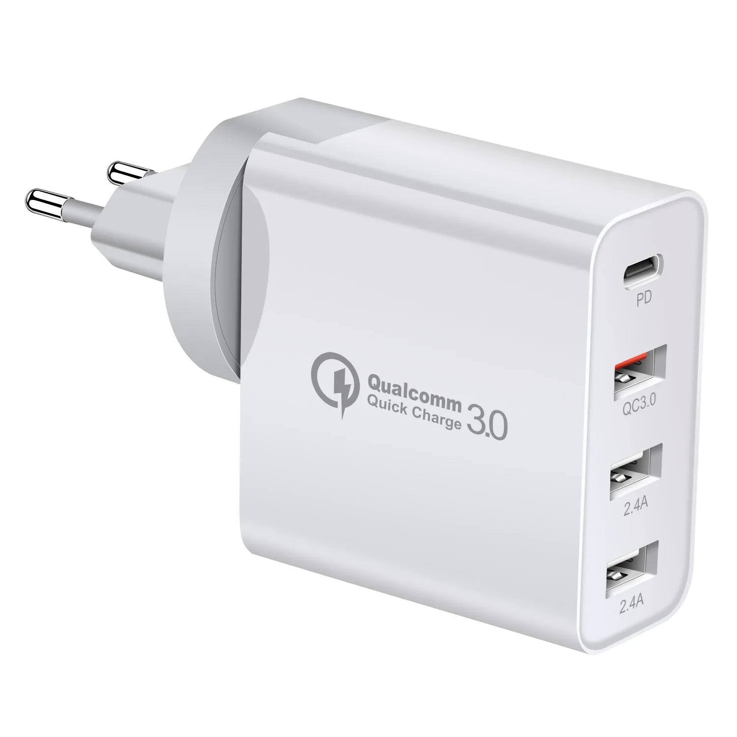 Black 48W USB-C wall charger with four Type-C ports and a UK 3-pin plug on a white background.