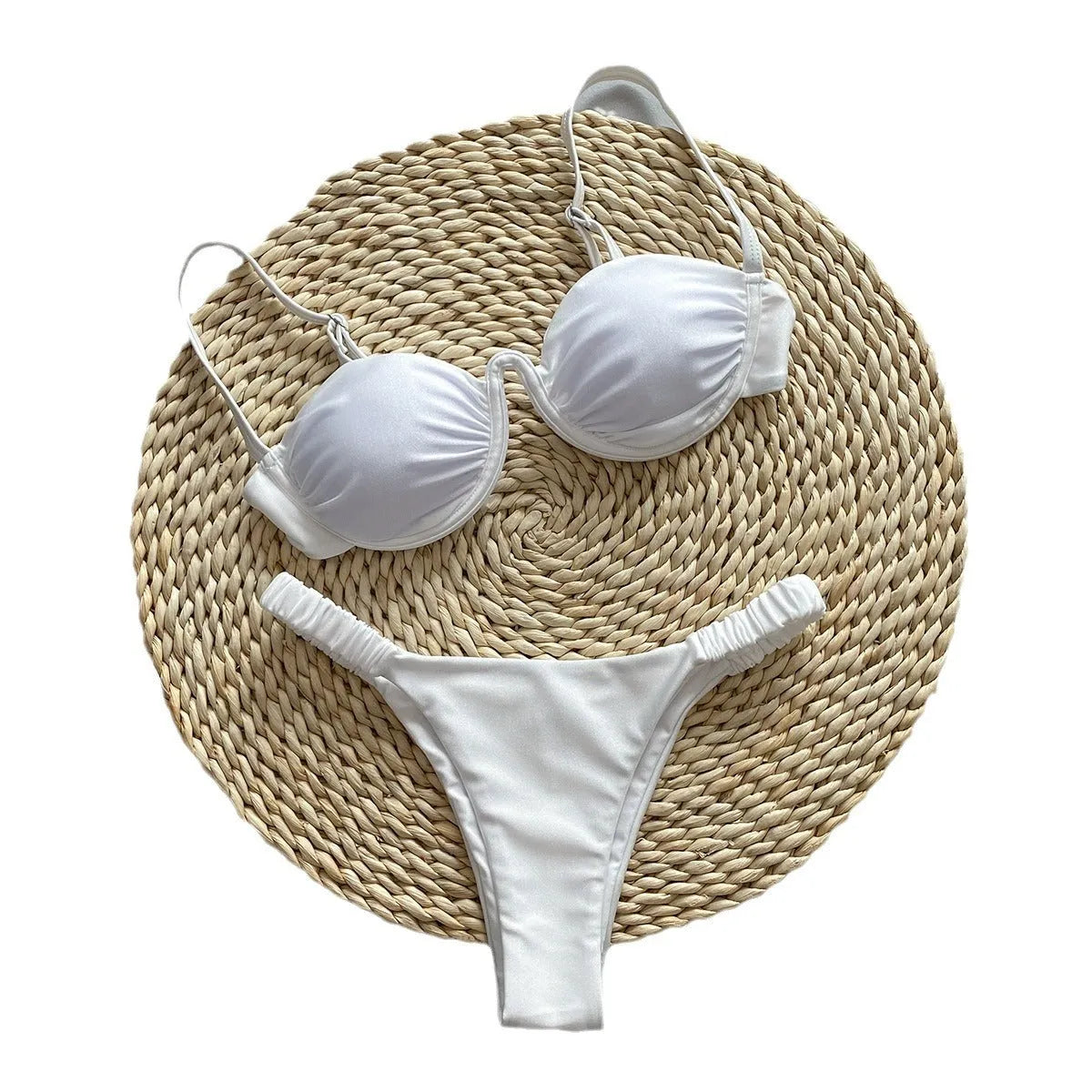 Women's black underwire bikini swimsuit set on a model, showing brief-style fit.
