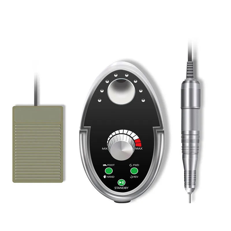 White electric nail polishing machine, 60W, 0 to 35000RPM infinitely variable speed, forward and reverse rotation, with touch button and speed display.