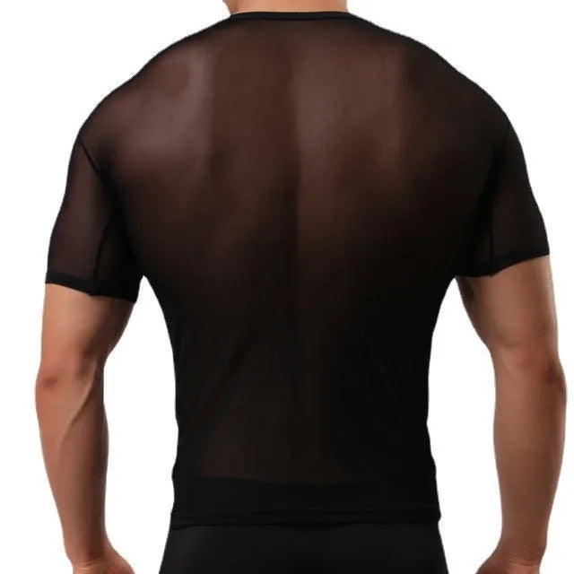 Man wearing a slim fit, translucent mesh t-shirt in a solid colour.