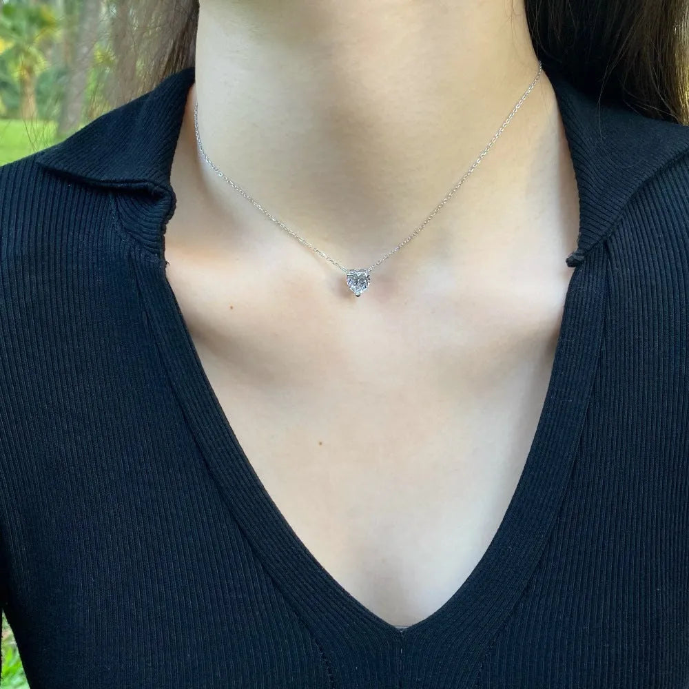 925 silver heart-shaped zircon pendant necklace for women platinum white diamond finish
