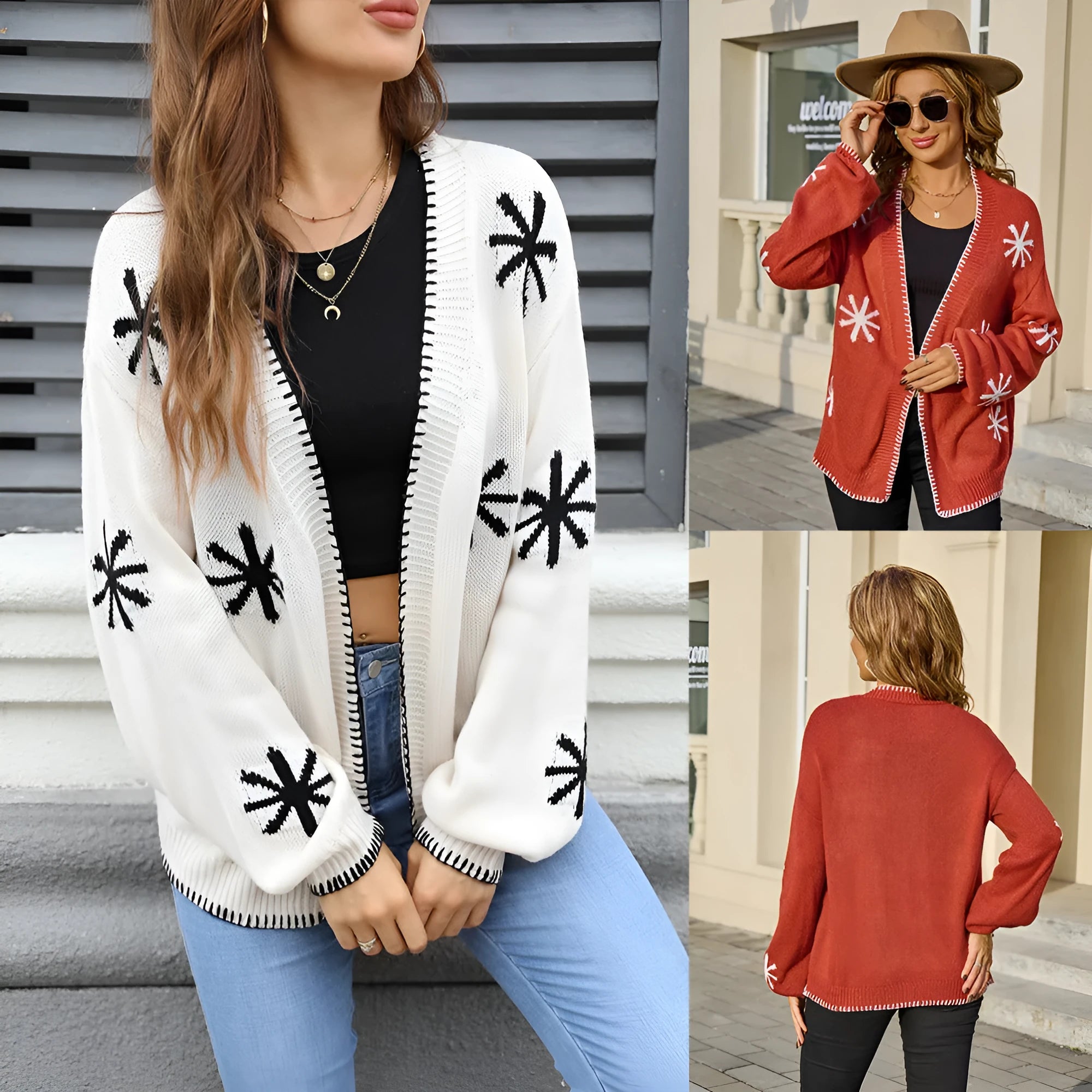 Women's plus size jacquard floral knitted coat cardigan in beige or orange colour options