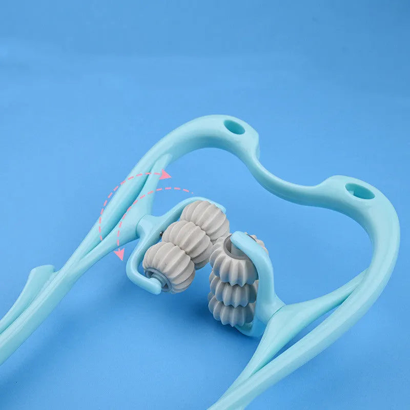 Blue swan-shaped manual neck massager with six wheels and a natural crystal jade scraping board on a white background.