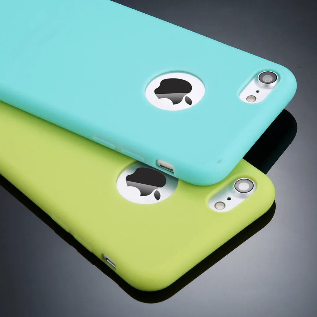 Soft silicone candy colour phone case for iPhone on a plain background.