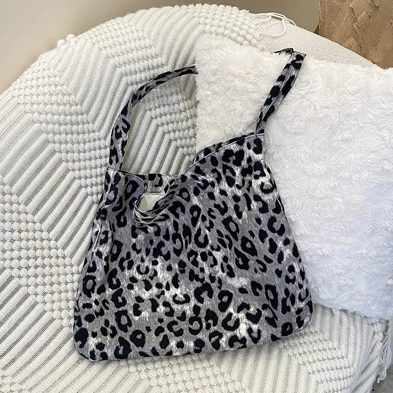 Large capacity casual women's bag in brown yellow corduroy with leopards print and double layer design