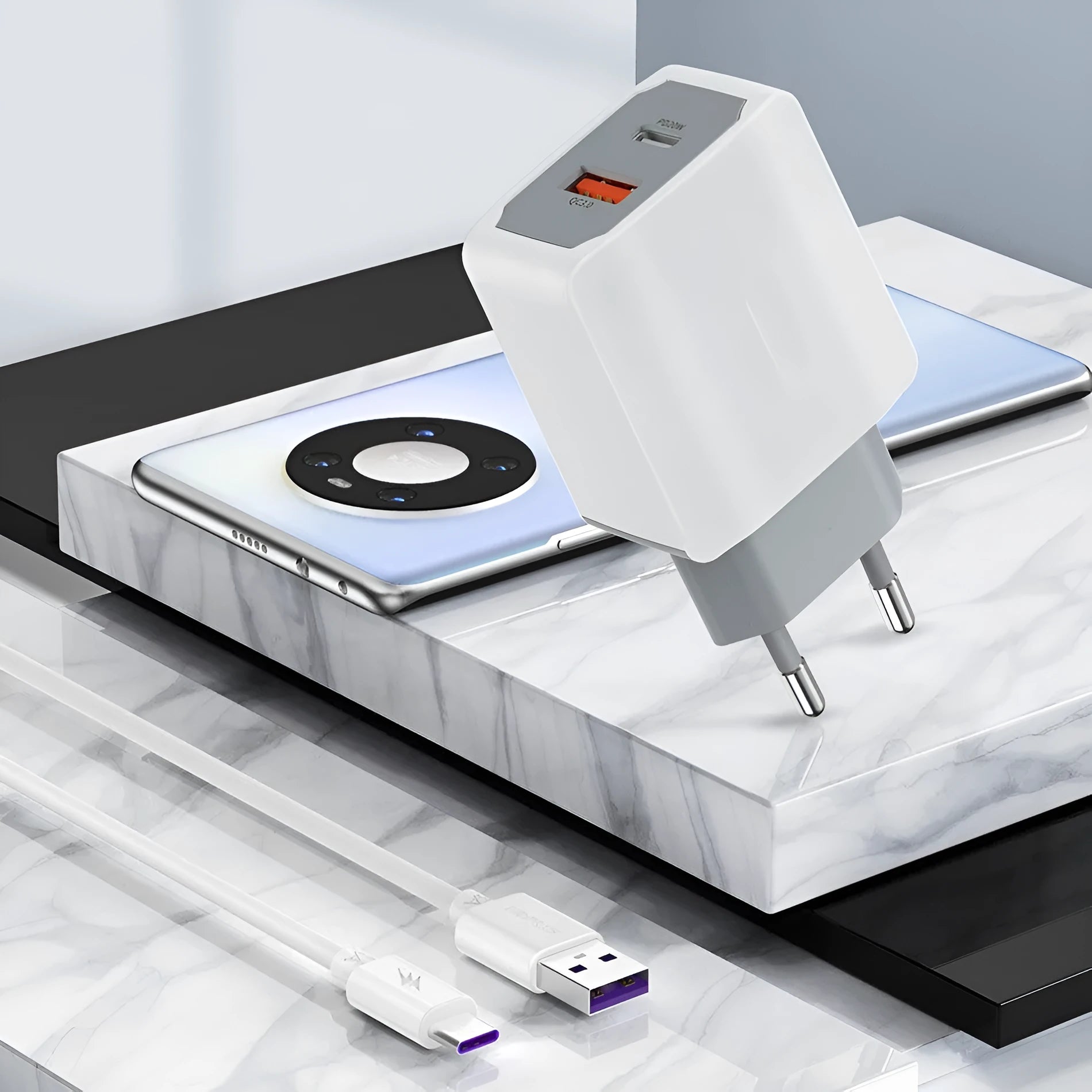 White universal phone fast charger set with compact fireproof charging head and cable.