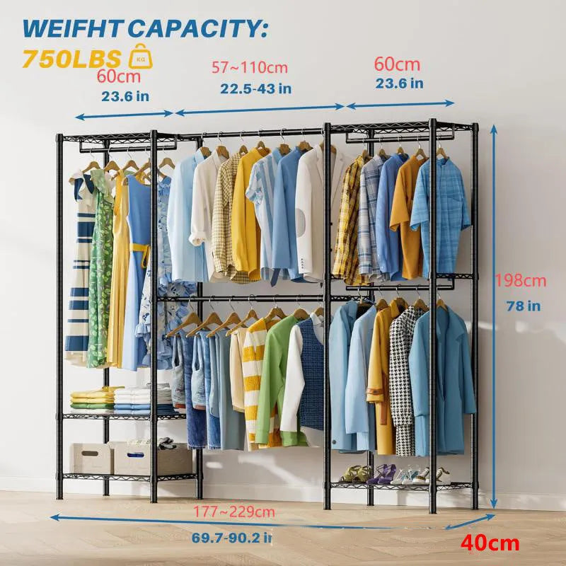 Black metal floor storage rack measuring 175 cm tall for garment organisation