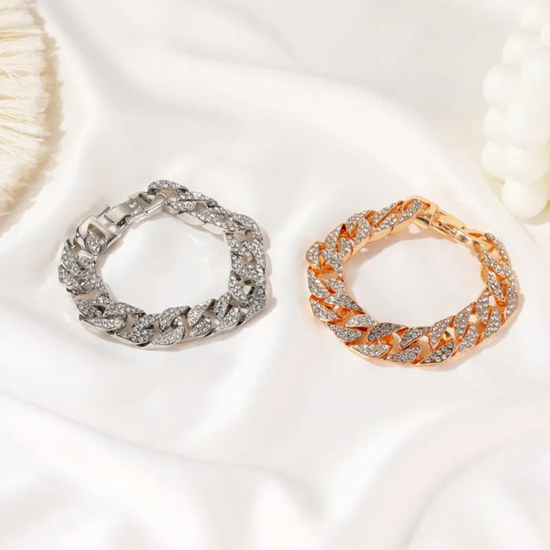 Cuban thick link chain bracelet with rhinestones in gold colour, 8 inch length, alloy construction