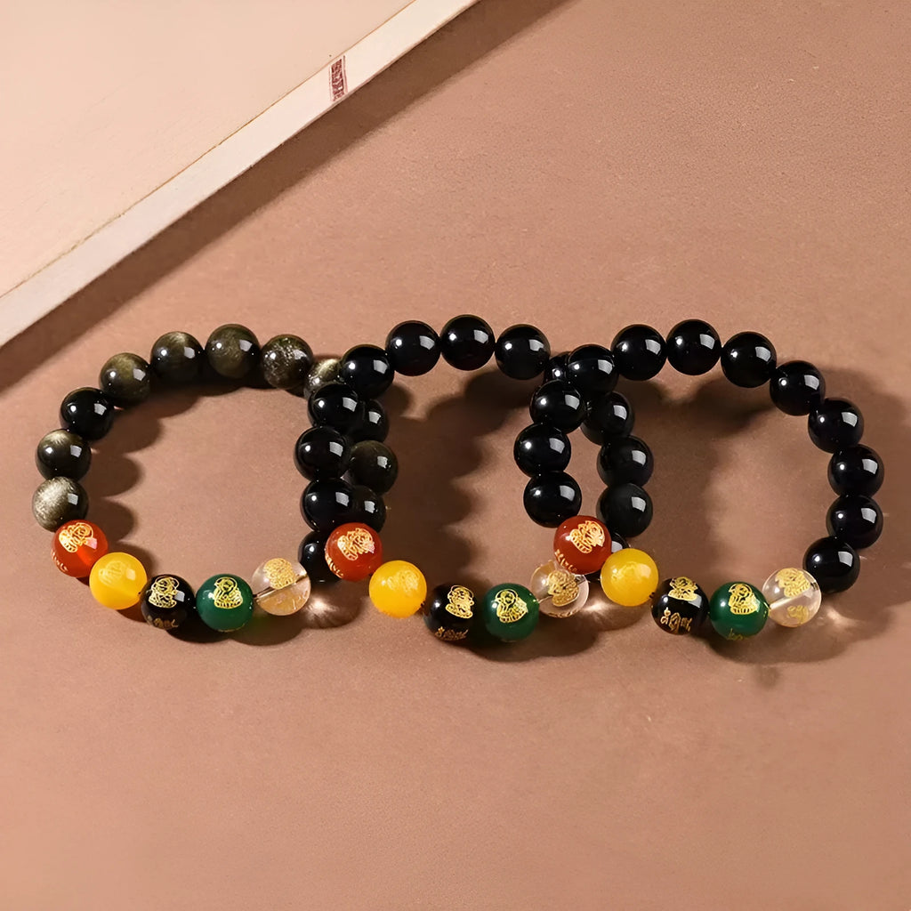 Single Circle Five Gods Of Wealth bracelet with polished rainbow eye obsidian beads in New Chinese style.