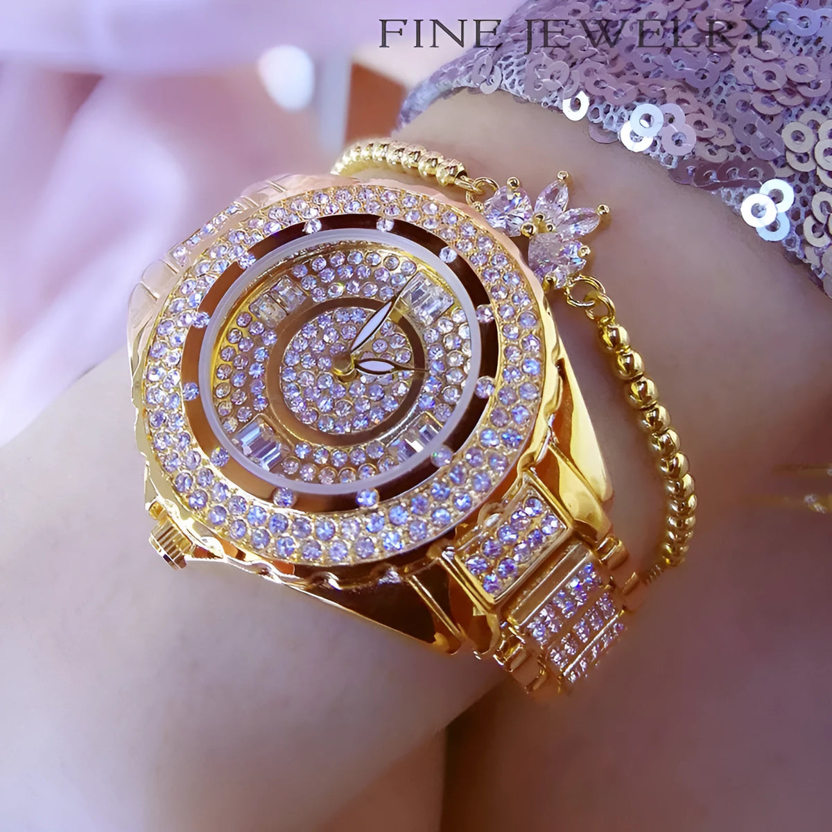 Ladies casual quartz watch with 32mm dial, 9mm alloy case, alloy strap, and folding buckle