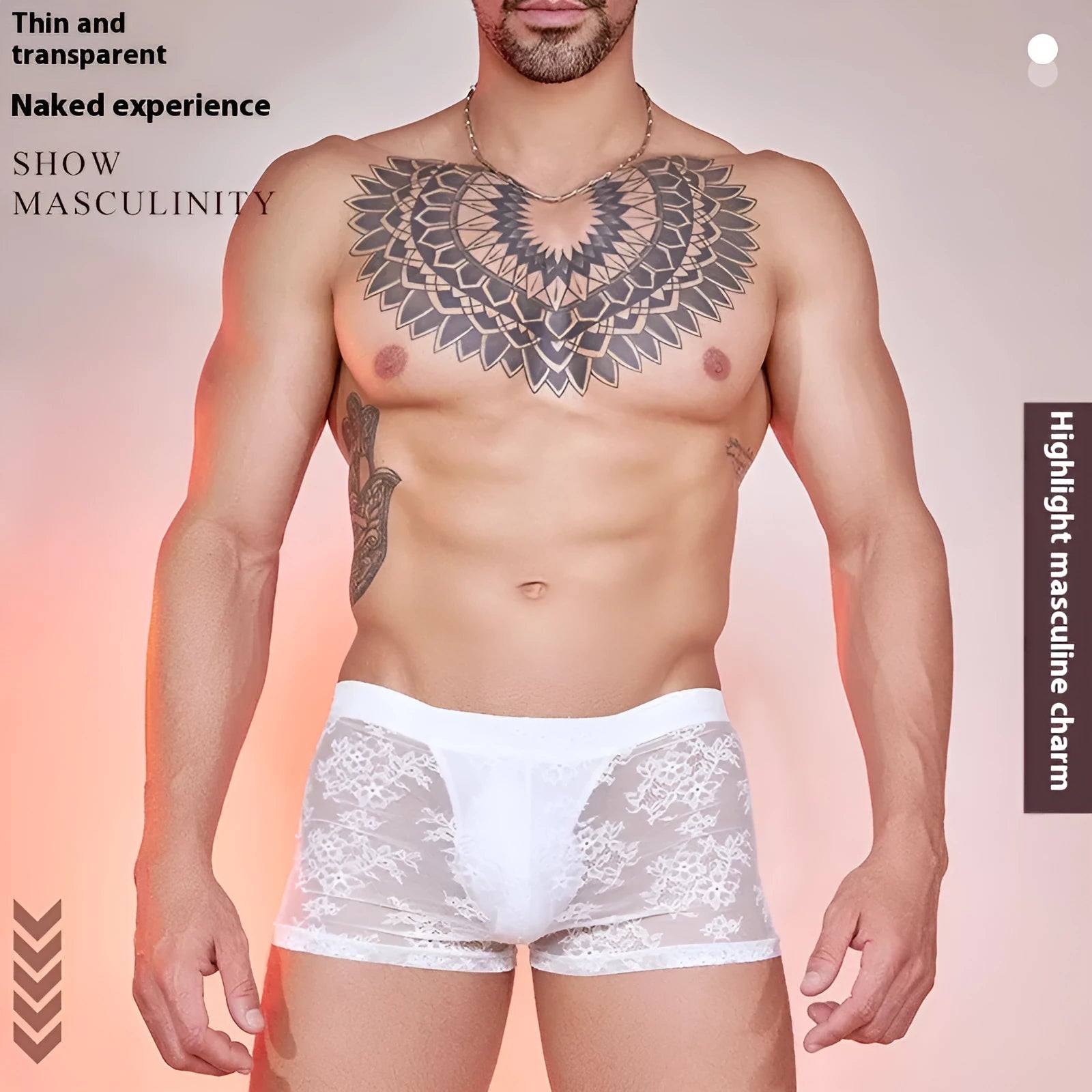 Men's black nylon lace boxers laid flat, showing free size fit and textured detail.