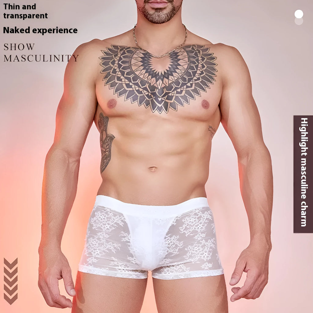 Men's black lace boxers on a white background, showing adjustable waistband.