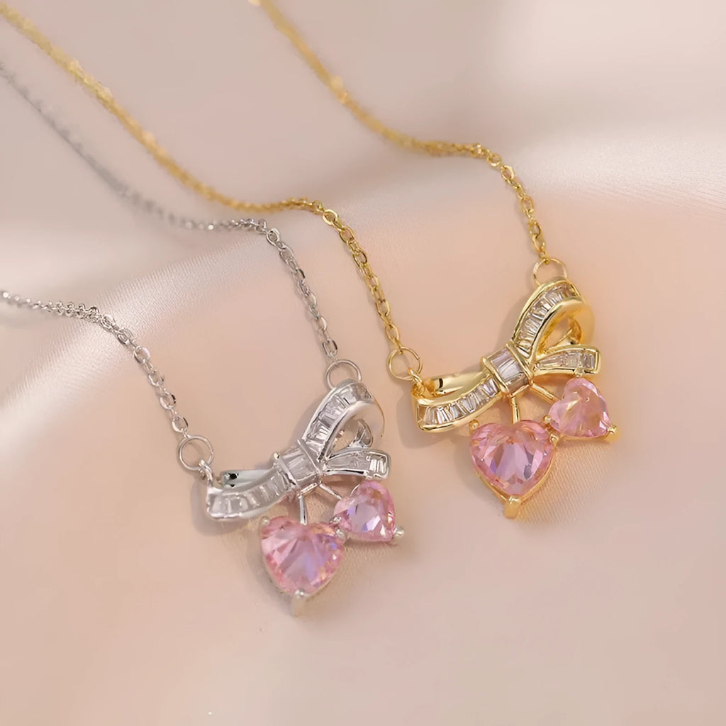 Titanium steel bow necklace collarbone chain in gold or steel colour with bow pendant