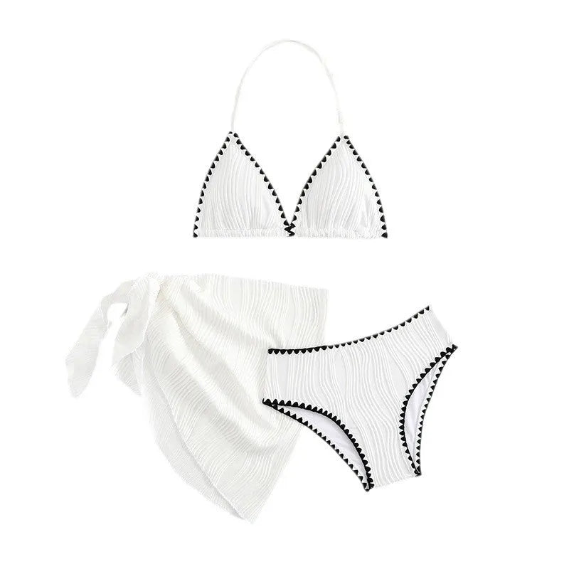 Girls white three-piece solid colour swimsuit set top pants and skirt for beach pool ages 8 to 12