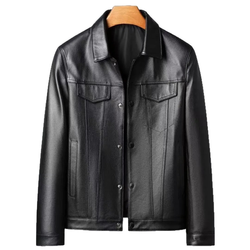 Men's black cowhide leather jacket with polo collar, sizes L to 5XL, daily wear