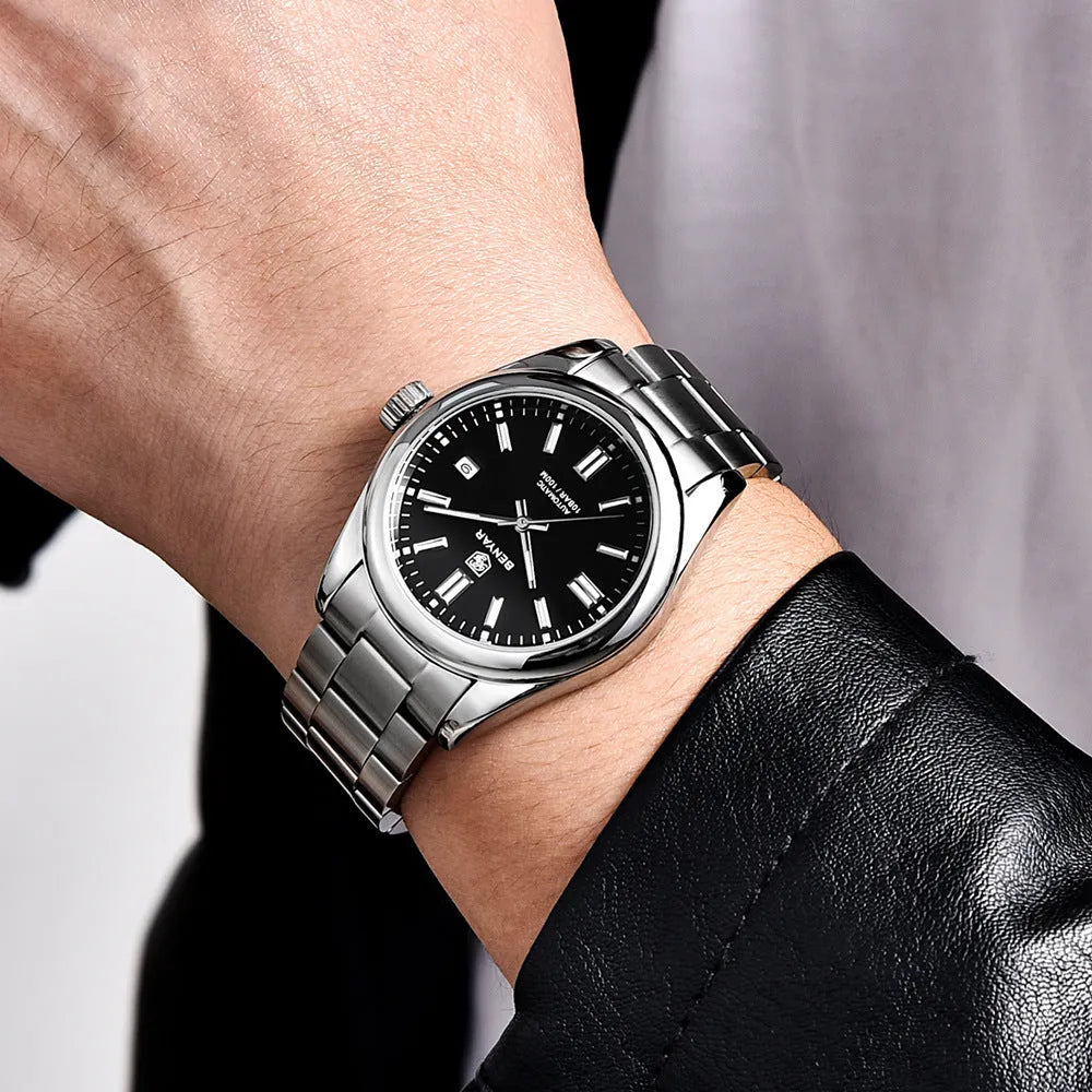 Men's automatic mechanical watch with 39mm round dial, stainless steel strap, and black dial face on white background