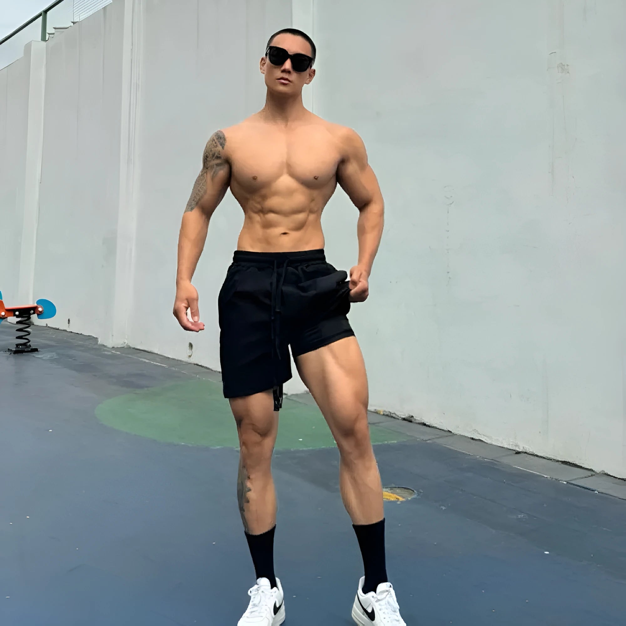 Men's ice silk quick-dry nylon shorts in light grey, showing double-layer casual fit.