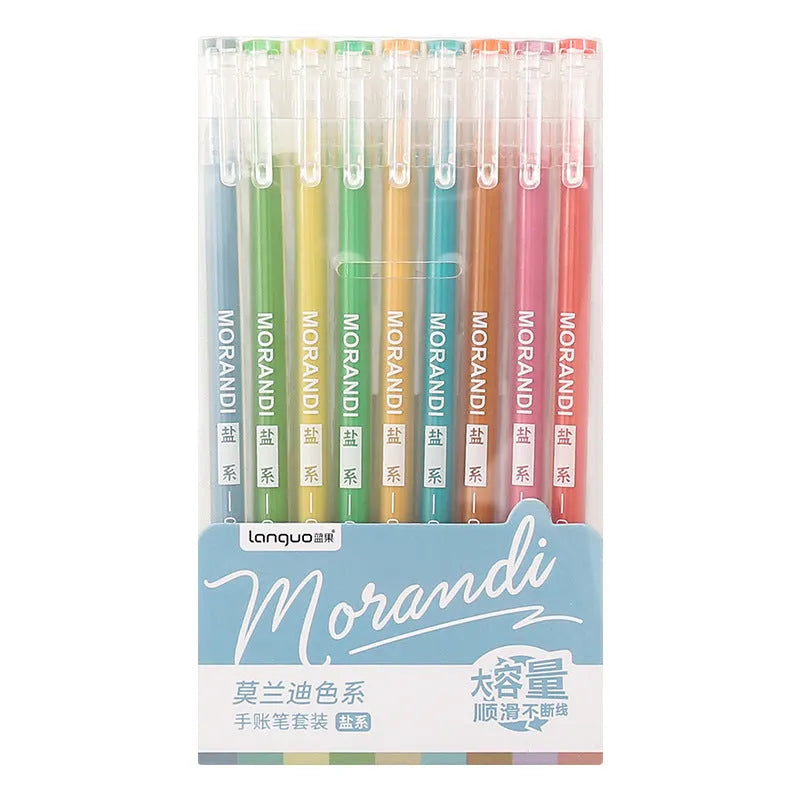 Set of nine retro-style gel pens with 0.5mm needle tips, displayed in a compact 15.2 by 8.5 cm package.