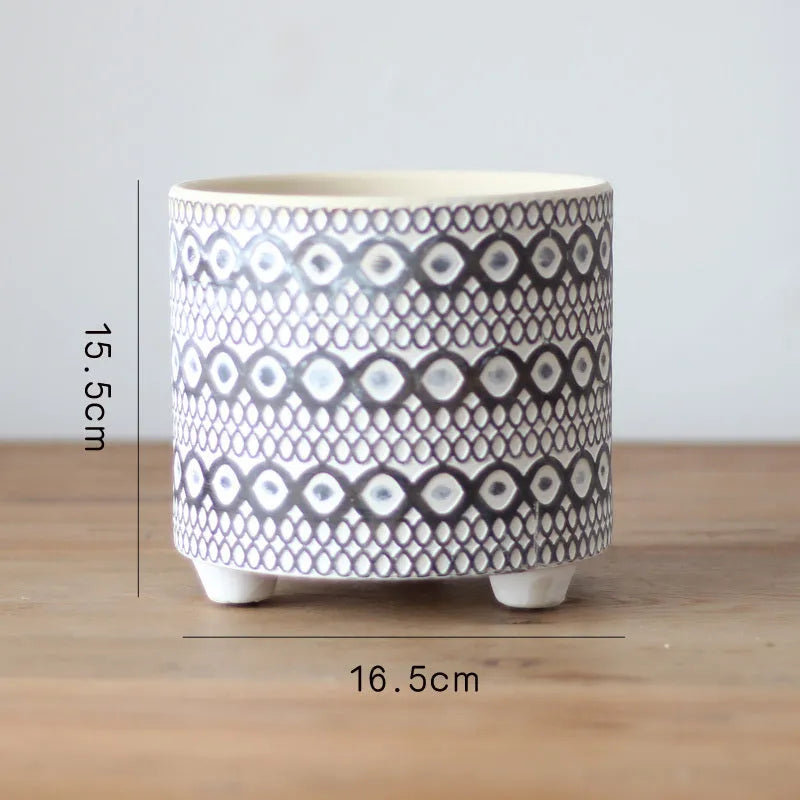 Ceramic plant pot in Nordic style for garden balcony flower display, available in light grain round vertical or diamond pattern
